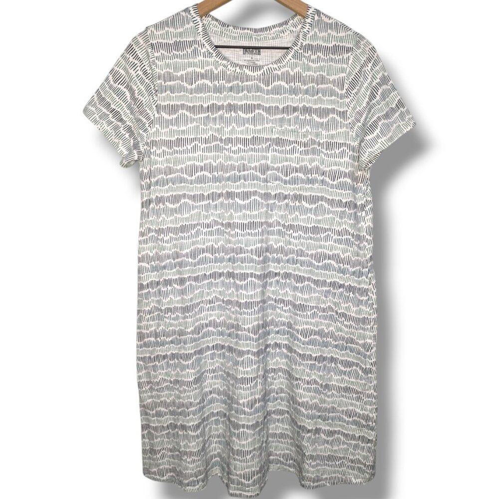 Duluth Trading Co Dress Small White Teal Short Sleeve Pockets Cotton/Stretch